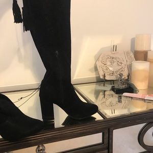 Black sparkly stretchy over the knee boots.